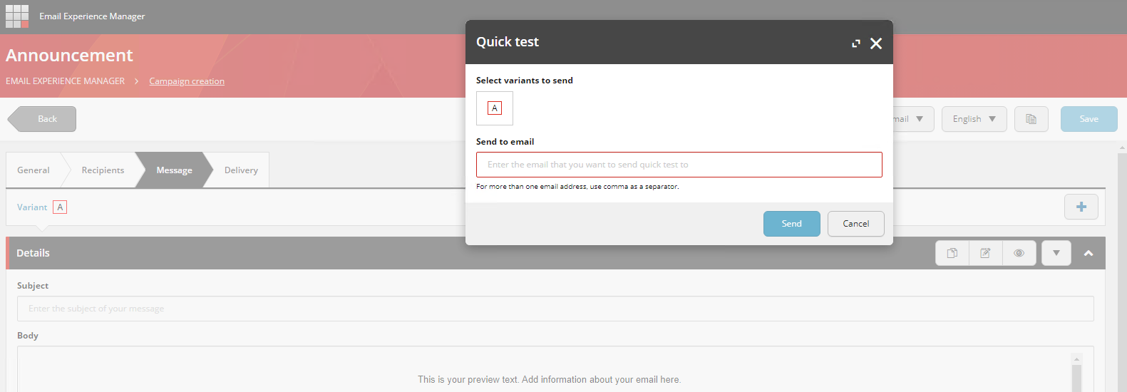 Enter the email addresses to send the test email to.