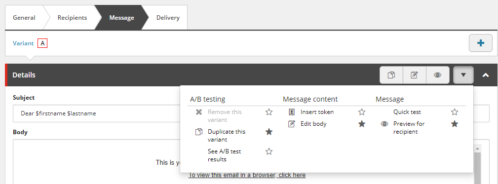 Message tab drop-down menu showing the Duplicate this variant command. Message tab drop-down menu showing the Duplicate this variant command.