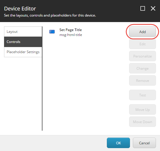 Device Editor dialog box showing the Controls tab with the Add button.