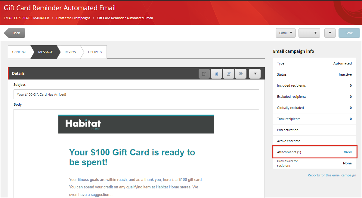 Email campaign info pane. Email campaign info pane.