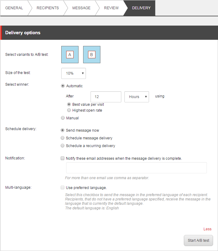 The Delivery options for an A/B test The Delivery options for an A/B test