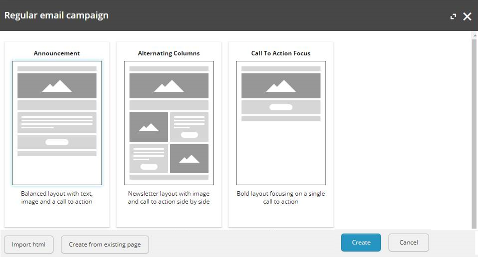 The templates for a Regular email campaign