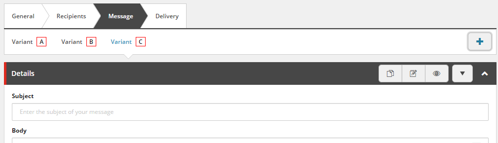 Message tab showing an example of three variants. Message tab showing an example of three variants.