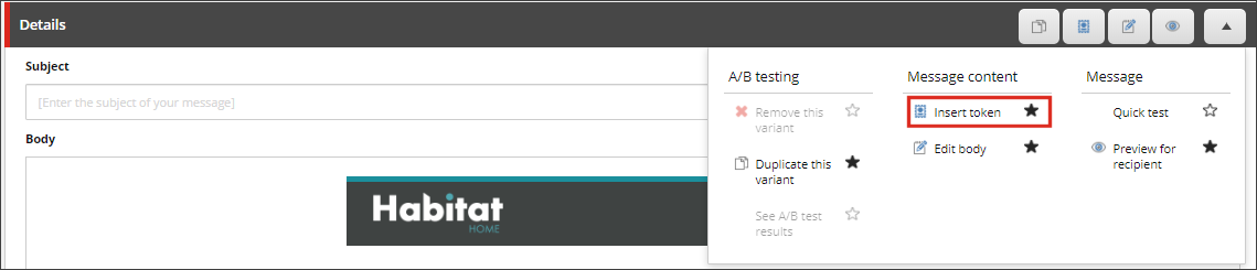 Email Experience Manager Message tab showing how to insert a token. Email Experience Manager Message tab showing how to insert a token.
