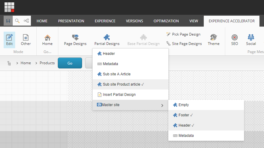 Example of usage of both local partial designs and shared site partial designs. Example of usage of both local partial designs and shared site partial designs.