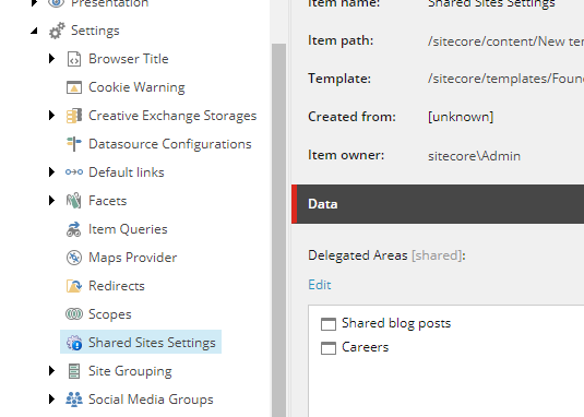 List of delegated areas in the Content Editor List of delegated areas in the Content Editor