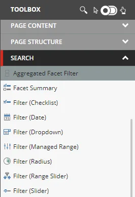 The toolbox search section contains the SXA search filters