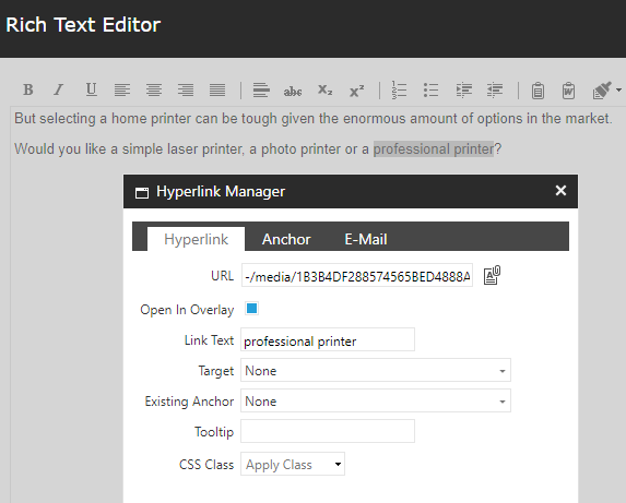 Set up a link to open in overlay