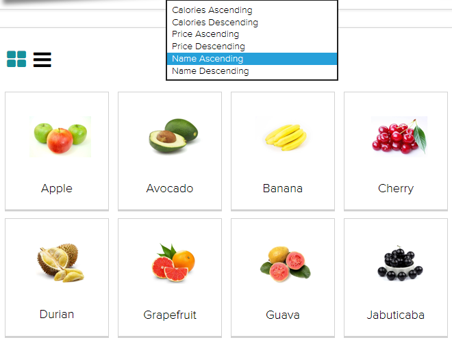 The configured sorting criteria, for example calories, price, and name, appear in a drop-down menu when the visitor clicks the sorting function in the UI.