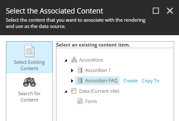 Select the Associated Content dialog box.