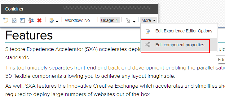 Edit the component properties from the floating toolbar