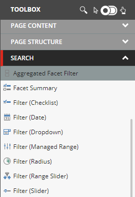 The toolbox search section contains the SXA search filters