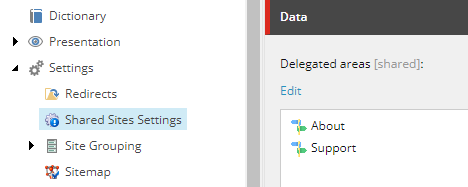 List of delegated areas in the Content Editor