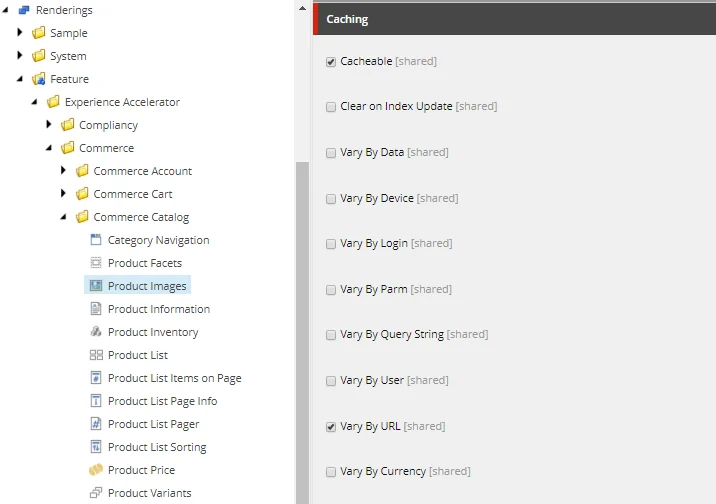 Shows caching configuration for Commerce renderings for the SXA Storefront.