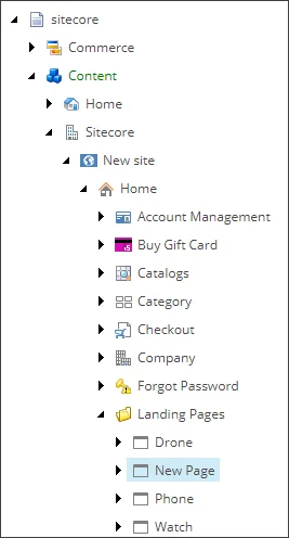 New page displayed in the Content Editor for the new site.