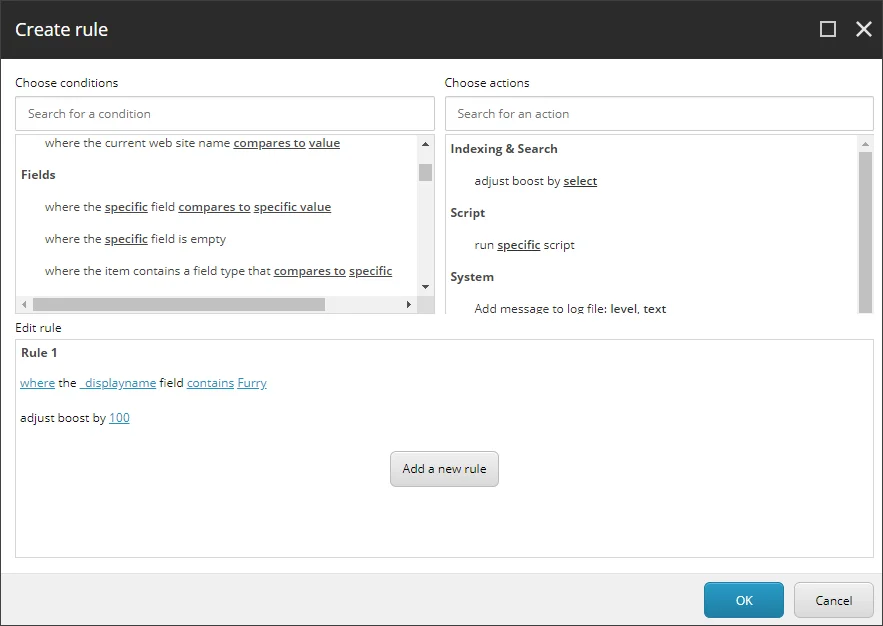 Create rule dialog box showing example boosting rule Create rule dialog box showing example boosting rule