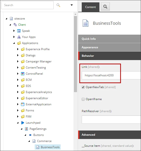 Behavior section for the Business Tools URL