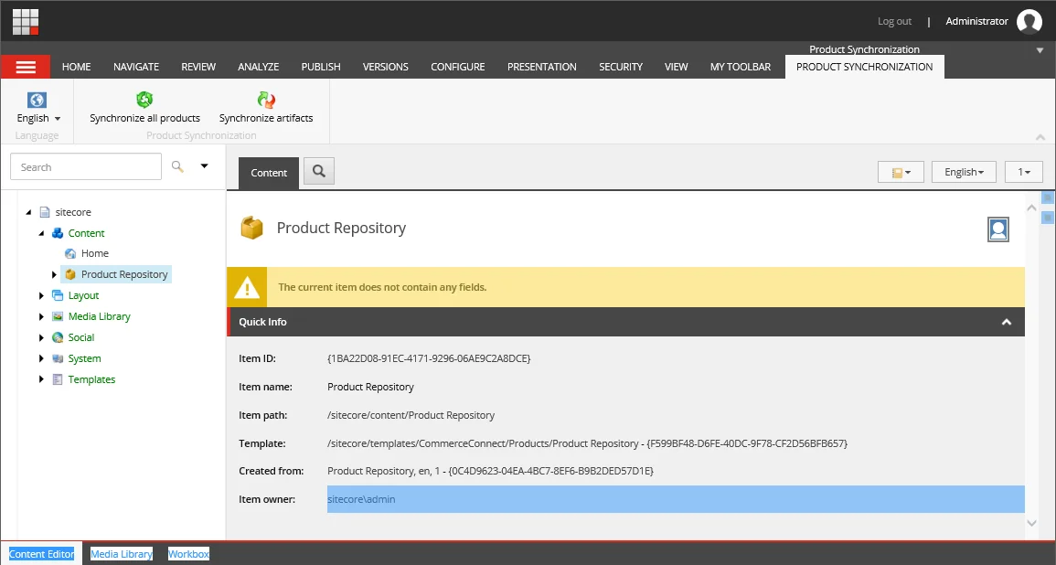 The Product Repository item in the Content Editor. The Product Repository item in the Content Editor.