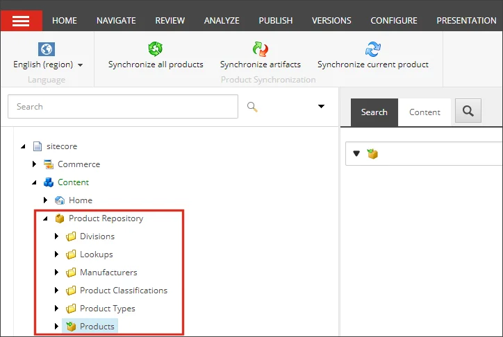 The Product Repository folder in Sitecore Content tree. The Product Repository folder in Sitecore Content tree.