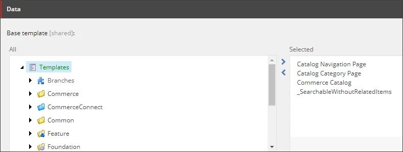 Data section of the Catalog Navigation Page template.