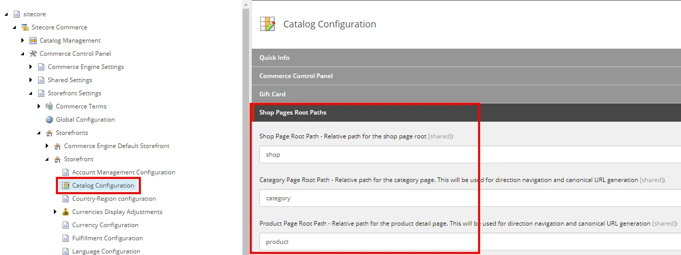 Shop Pages Root Paths settings in Catalog configuration.