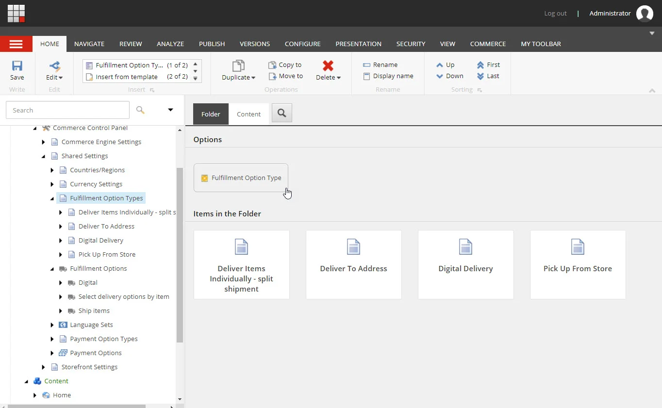 Fulfillment option types in the Commerce Control Panel. Fulfillment option types in the Commerce Control Panel.
