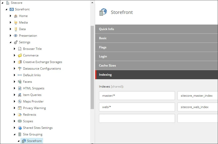 Storefront component in the Site Grouping folder.