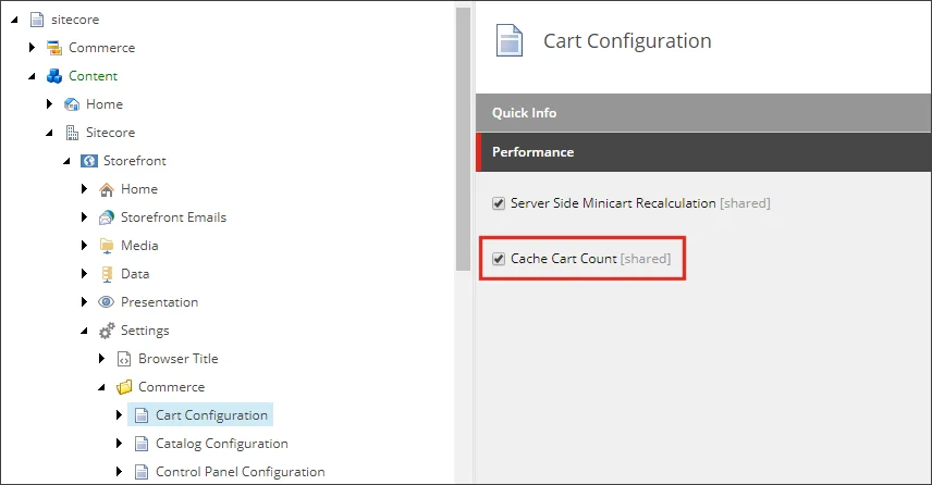 The Cache Cart Count check box in the Cart Configuration item