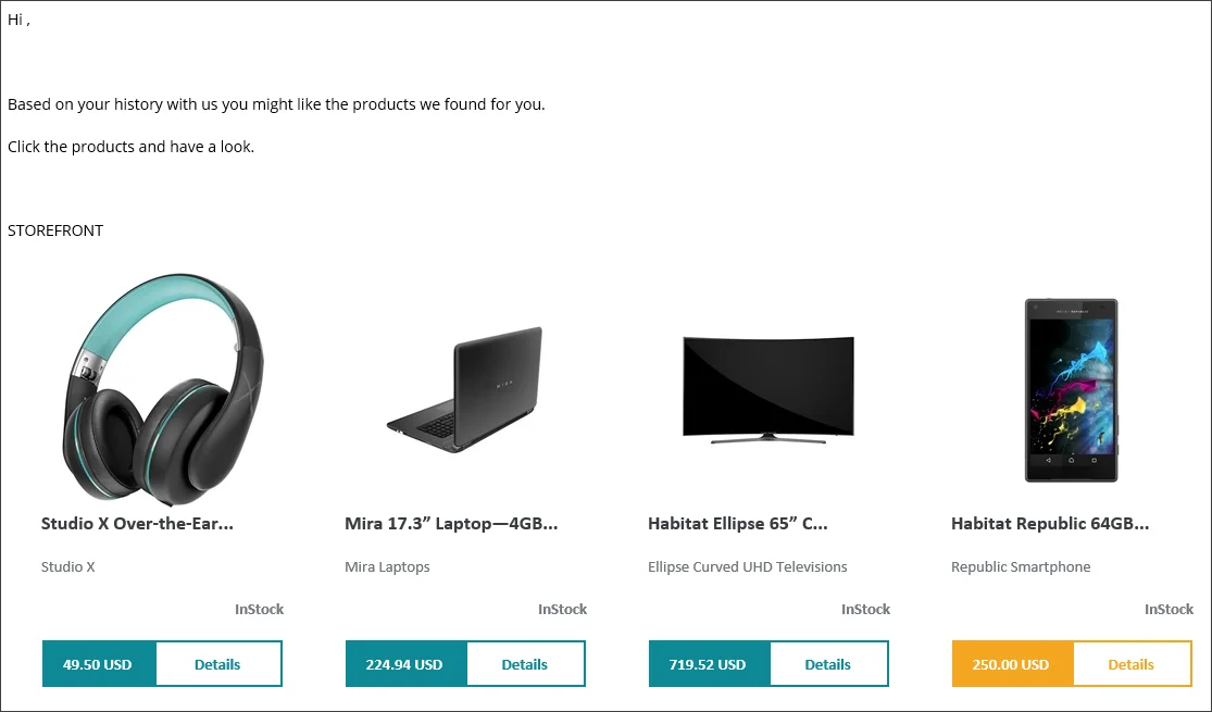 Example of a product recommendation email message body.