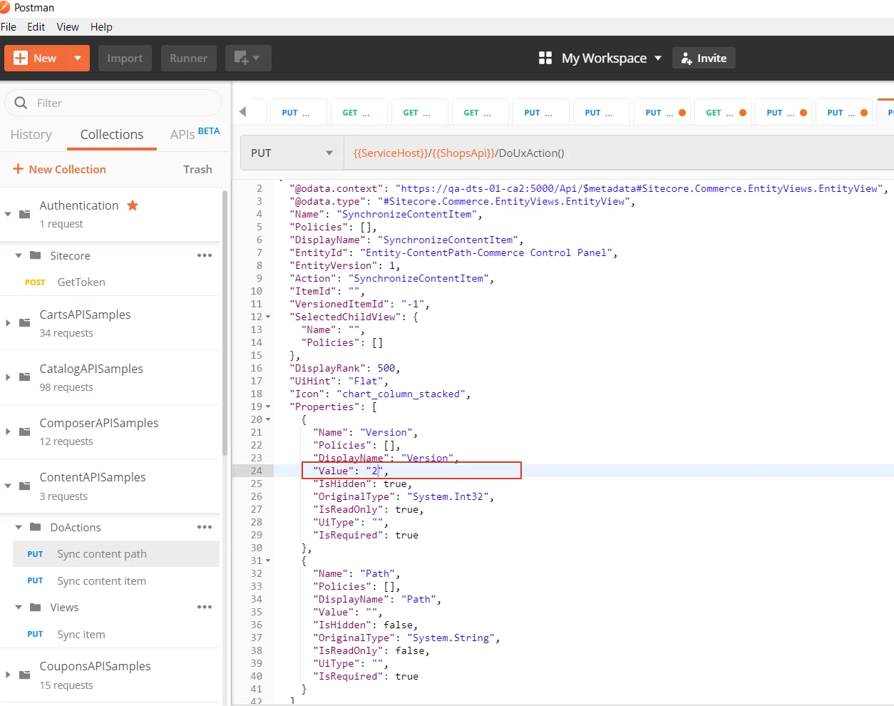 The "Version" property in the Sync content path request.