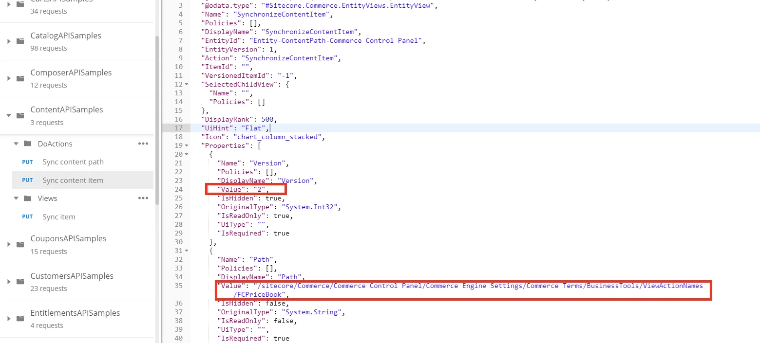The "value" property for the content item version and path.