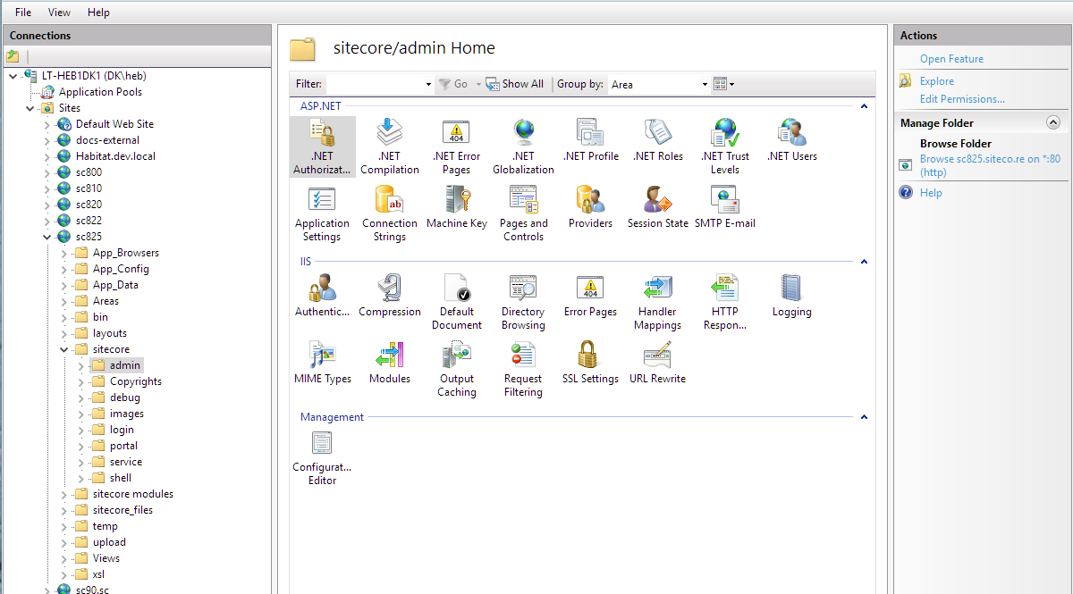 Screenshot showing how to access the IIS .NET Authorization Rules for a folder or a file. Screenshot showing how to access the IIS .NET Authorization Rules for a folder or a file.
