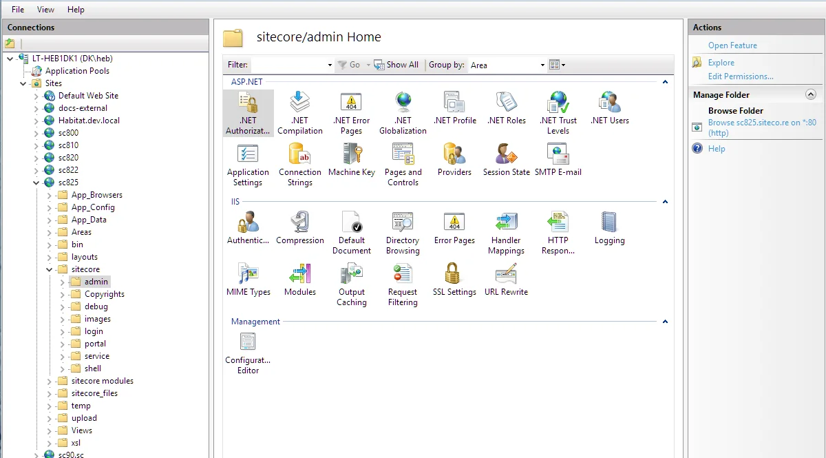 Screenshot showing how to access the IIS .NET Authorization Rules for a folder or a file.
