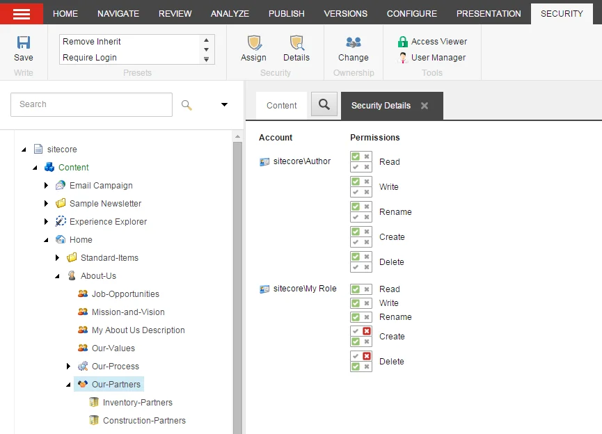 The Security Details tab in the Content Editor in Sitecore