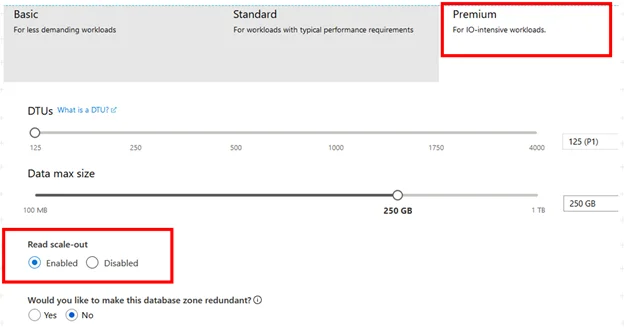 SQL Azure Read scale-out setting on the Premium service tier.