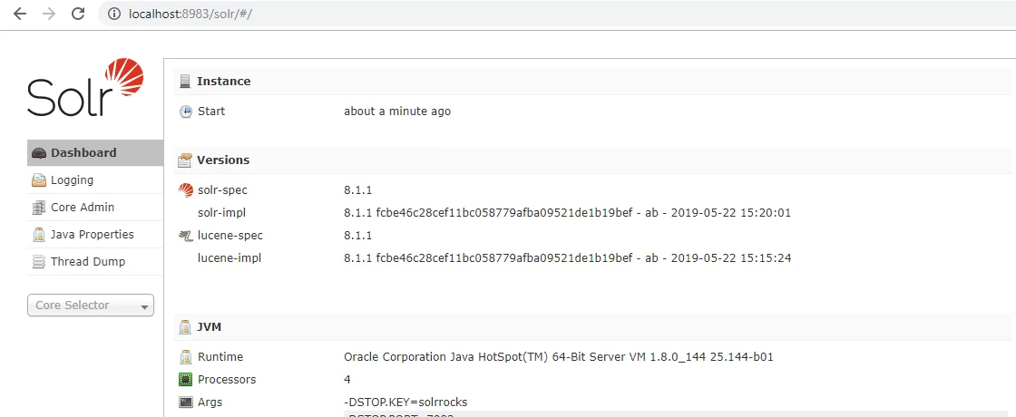The Dashboard on the Solr administration page