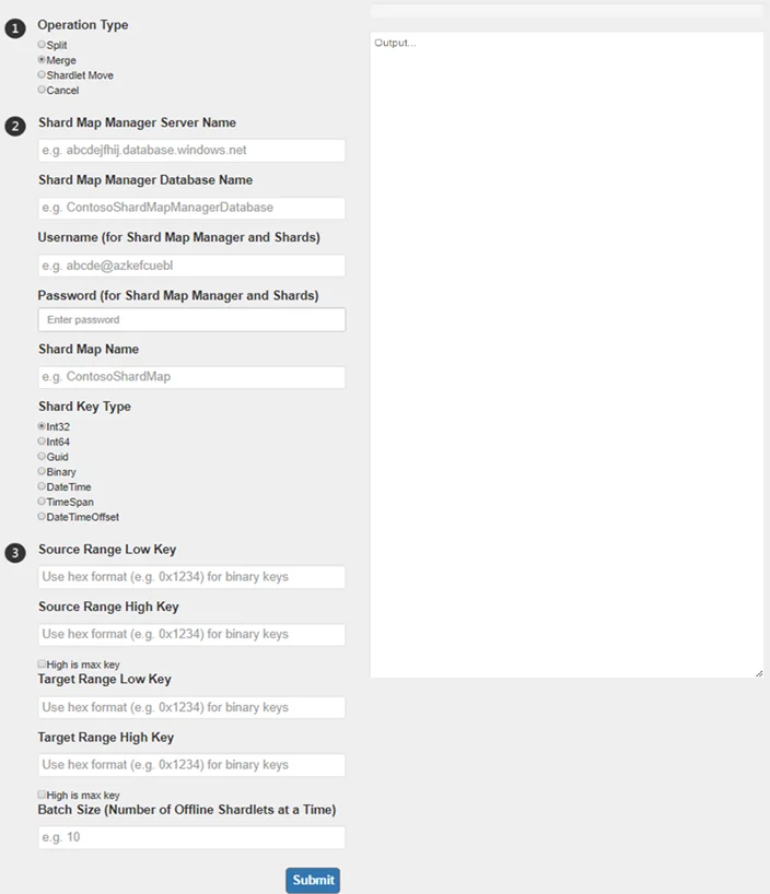 Split/merge service web page showing the settings for the Merge operaton