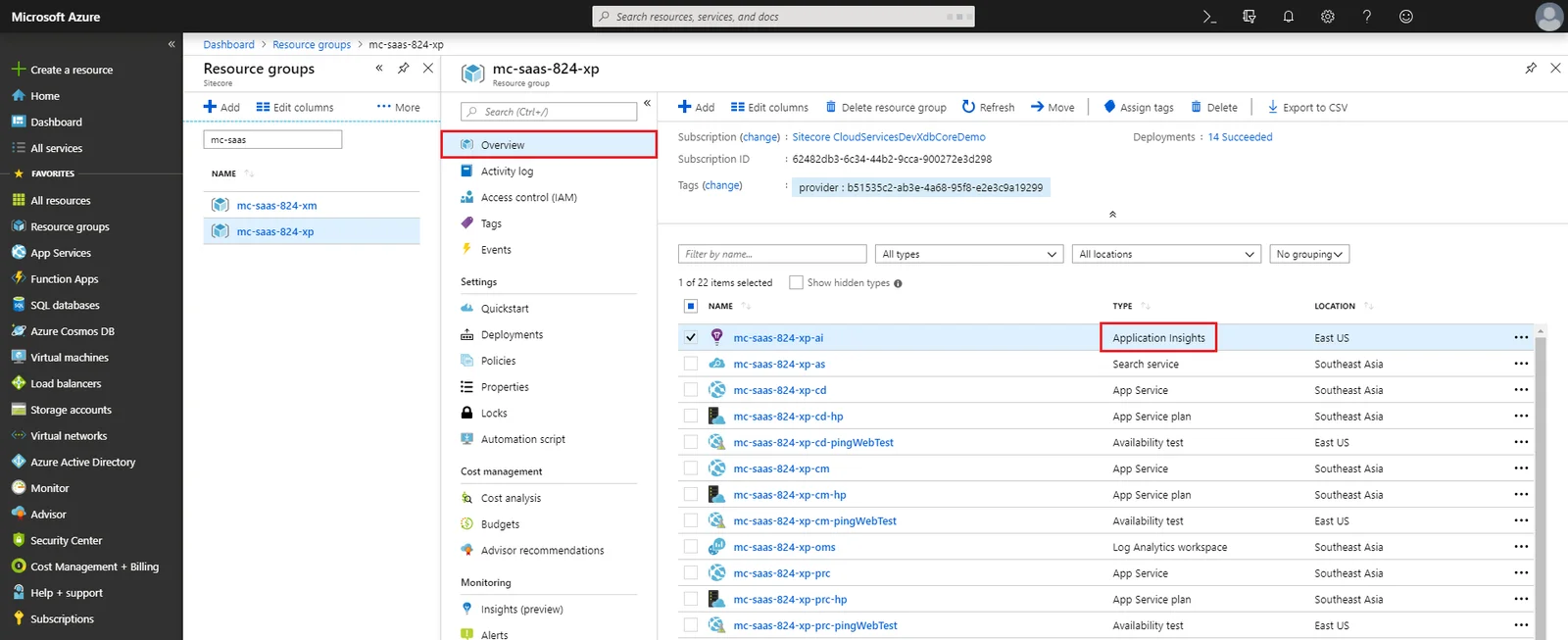 The Azure resource group Application Insights.
