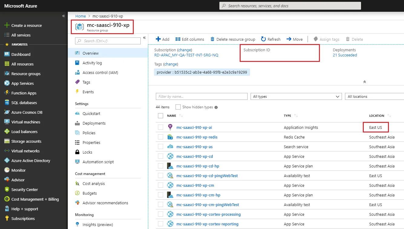 Azure Resource group details.