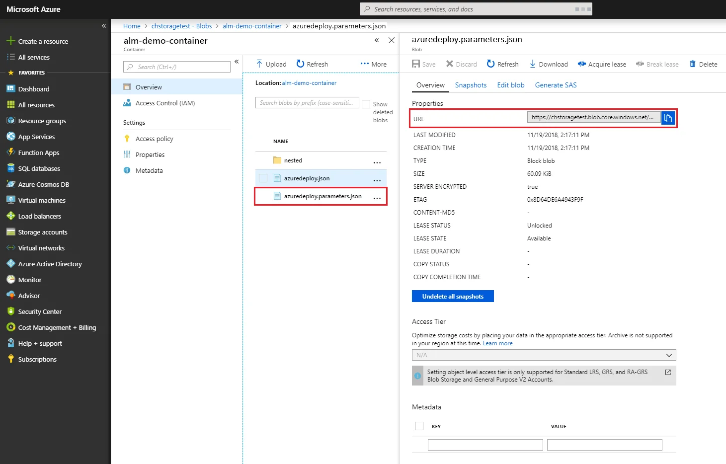 Copy the azuredeploy.parameters.json URL