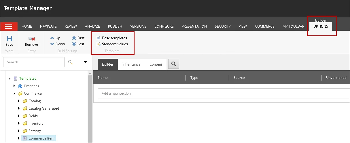 Commands available from the BUILDER OPTIONS tab on the ribbon menu.