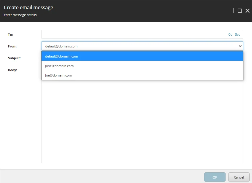 Create an email message dialog box with the From addresses field prefilled