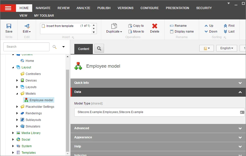An MVC model in the content editor