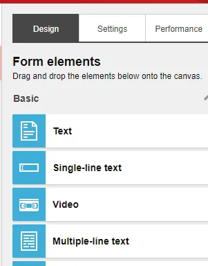 Video element in Form elements pane Video element in Form elements pane
