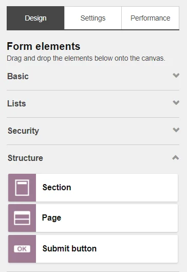Form elements sections.