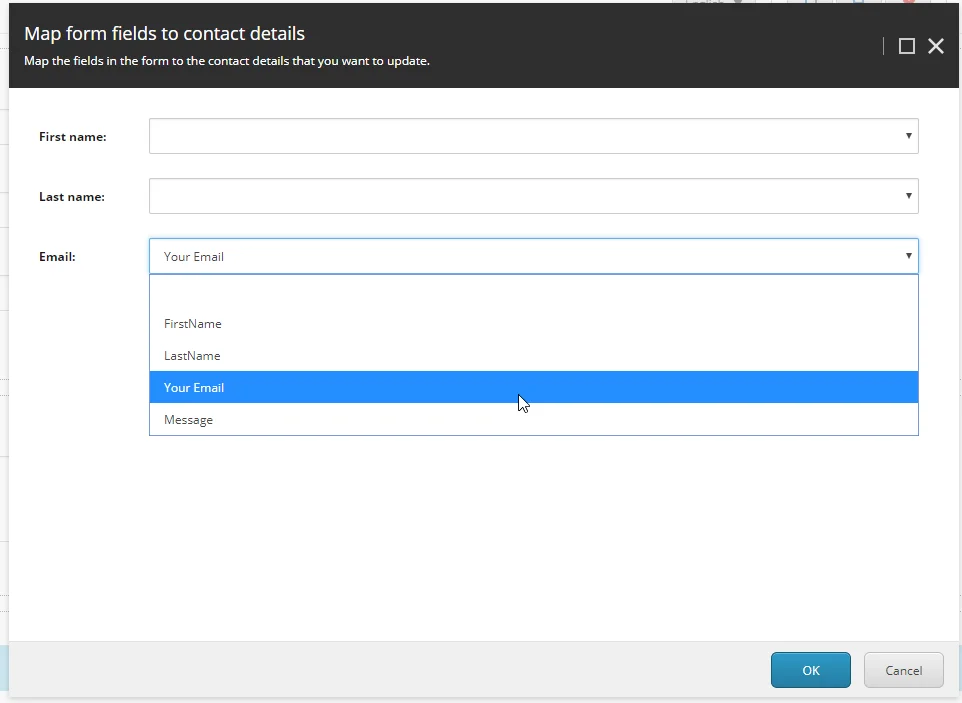 Map form fields to contact details dialog box. Map form fields to contact details dialog box.