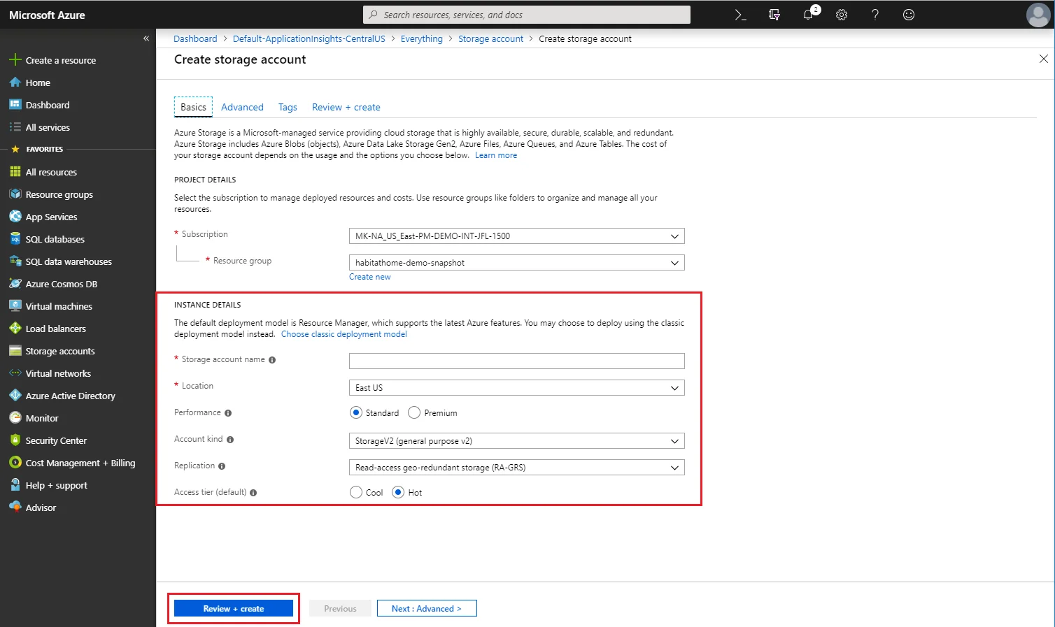 Review your details and create a storage account