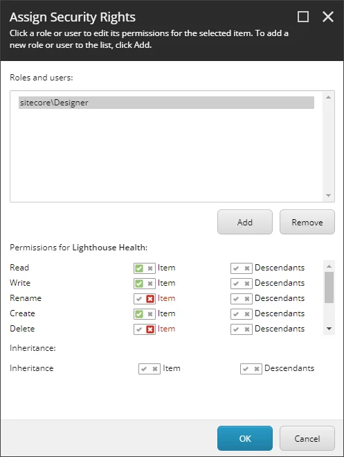 Security Rights dialog box showing permissions granted and those denied. Security Rights dialog box showing permissions granted and those denied.