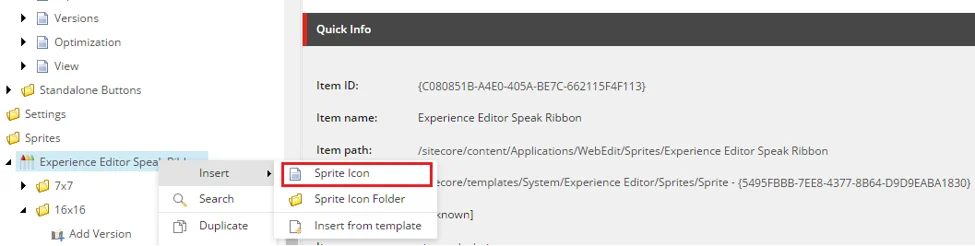The Insert menu on a sprite item in the Content Editor The Insert menu on a sprite item in the Content Editor