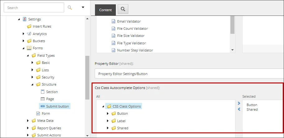 Selected CSS class options folders